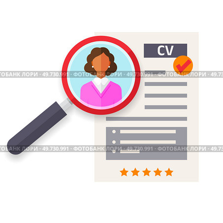 Business resume, job interview, personal data form with magnifier and avatar. Negotiation, meeting. Recruiter recruiting staff, business conversation. HR manager and job seeker, employee candidate. Business resume, job interview, personal data form with magnifier and avatar, employee candidate. Стоковая иллюстрация, агентство Ingram Publishing / Фотобанк Лори