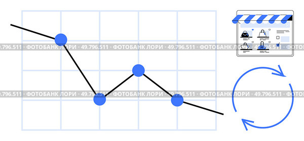 Business sales line graph with declining trend, online store dashboard mockup and refresh icon. Ideal for business analytics, e-commerce, economic trends, performance monitoring, data visualization. Business sales decline graph with trendline, online store dashboard and refresh icon. Стоковая иллюстрация, агентство Ingram Publishing / Фотобанк Лори