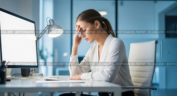 Business stress concept showing tired woman with headache working late at night, frustrated female manager feeling burnout from computer work in dark office. Стоковое AI-изображение, AI-художник Павел Муравьев / Фотобанк Лори