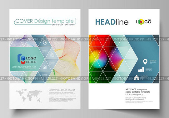 Business templates for brochure, flyer, booklet, report. Cover template, flat vector layout in A4 size. Colorful design, overlapping geometric shapes and waves forming abstract beautiful background.. Business templates for brochure, magazine, flyer, booklet or annual report. Cover design template, easy editable vector, abstract flat layout in A4 size. Colorful design with overlapping geometric shapes and waves forming abstract beautiful background. Стоковая иллюстрация, агентство Ingram Publishing / Фотобанк Лори