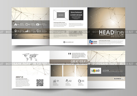 Business templates for tri fold square design brochures. Leaflet cover, easy editable vector layout. Technology, science, medical concept. Golden dots and lines, cybernetic digital style. Lines plexus. Set of business templates for tri fold square design brochures. Leaflet cover, abstract flat layout, easy editable vector. Technology, science, medical concept. Golden dots and lines, cybernetic digital style. Lines plexus. Стоковая иллюстрация, агентство Ingram Publishing / Фотобанк Лори
