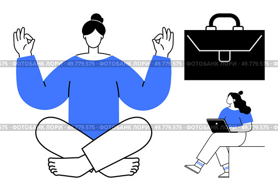 Business woman meditating in seated position, another working on laptop with briefcase nearby. Ideal for work-life balance, mindfulness, remote work, corporate wellness, productivity, stress. Business woman meditating, working on laptop, and briefcase symbolizing work-life balance and productivity. Стоковая иллюстрация, агентство Ingram Publishing / Фотобанк Лори