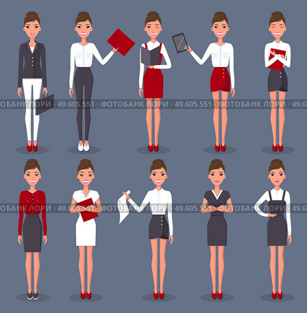 Business woman set in different poses vector illustration. Pretty young slim woman character in business clothes shows various gestures. Girl in different positions with objects in her hands. Business woman set in different poses vector illustration. Pretty young woman in business clothes. Стоковая иллюстрация, агентство Ingram Publishing / Фотобанк Лори