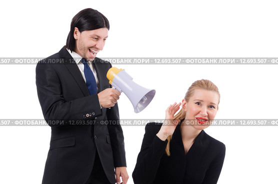 Businessman and businesswoman with megaphone isolated on white. Стоковое фото, фотограф Elnur / Фотобанк Лори