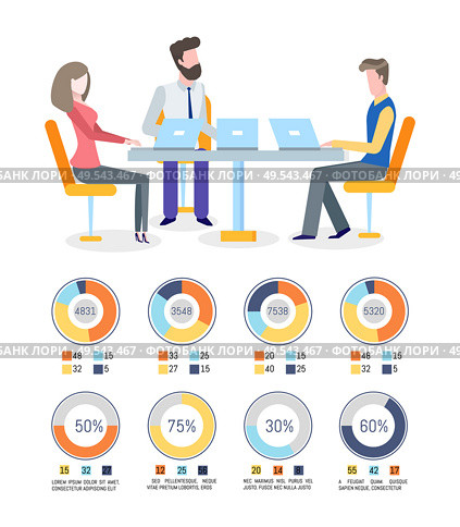 Businessman and workers talking about percentage vector. Pie diagrams with colored segments and percents information, business career numeric data. People in Conference Discussing Data from Research. Стоковая иллюстрация, агентство Ingram Publishing / Фотобанк Лори