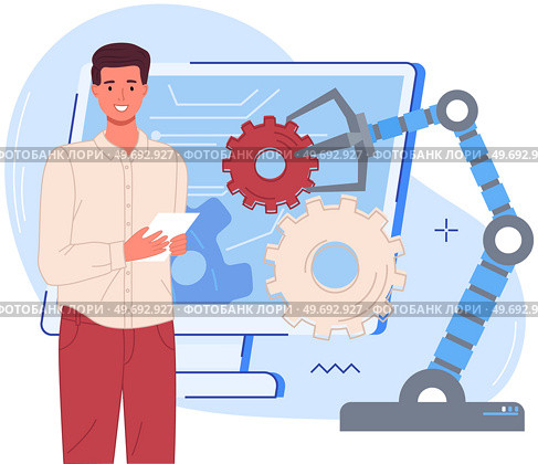Businessman conducting experiments with mechanical arm. Artificial intelligence for startup development. Robotic arm for lifting weights, production work. Modern technologies for new business project. Businessman conducts experiment with mechanical arm. Artificial intelligence for startup development. Стоковая иллюстрация, агентство Ingram Publishing / Фотобанк Лори