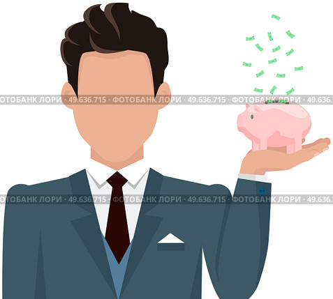 Businessman holds piggy bank with coins in hand. Pig-shaped money storage container. Storage device for coins and dollar bills isolated on white background. Rich man with money accumulation container. Businessman stands with piggy bank with coins in hand. Rich man holding money accumulation container. Стоковая иллюстрация, агентство Ingram Publishing / Фотобанк Лори