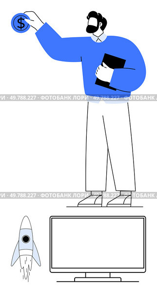Businessman placing dollar coin, holding documents. Rocket launching next to computer monitor. Ideal for investment, startup growth, business strategy, innovation, finance, technology. Businessman Investing in Startup Concept with Rocket and Monitor. Стоковая иллюстрация, агентство Ingram Publishing / Фотобанк Лори