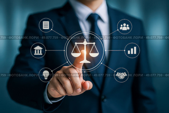 Businessman pointing at floating justice scale surrounded by icons for contract document courthouse team graph agreement innovation synergy corporate. Стоковое AI-изображение, AI-художник Павел Муравьев / Фотобанк Лори