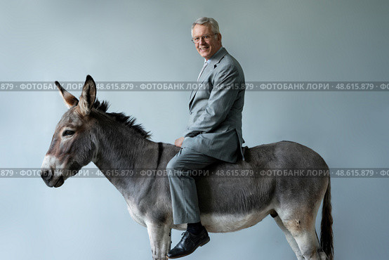 Businessman sits astride a donkey. Стоковое AI-изображение, AI-художник Дмитрий Киселёв / Фотобанк Лори