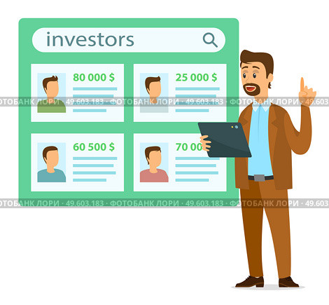 Businessman with digital tablet searching investors for project or startup. Man wearing costume choosing candidate from list who has more money. Information board with investors personal cards. Businessman with digital tablet searching investors for project or startup, man choosing candidate. Стоковая иллюстрация, агентство Ingram Publishing / Фотобанк Лори