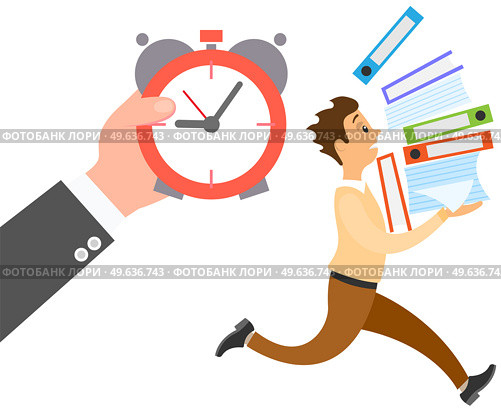 Businessman works with data folders to finish task before deadline. Boss shows employee clock with time. Working in office and implementation of assign tasks. Guy runs with documents to be in time. Boss shows employee clock with time. Guy runs with folders to finish task before deadline. Стоковая иллюстрация, агентство Ingram Publishing / Фотобанк Лори