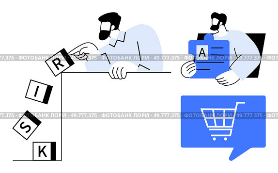 Businessmen managing risk by arranging falling blocks RISK, holding document A. Blue shopping cart icon. Ideal for business strategy, risk management, analytics, decision-making, financial planning. Businessmen Analyzing and Managing Risk with Documents and Shopping Cart Icon for E-commerce Strategies. Стоковая иллюстрация, агентство Ingram Publishing / Фотобанк Лори