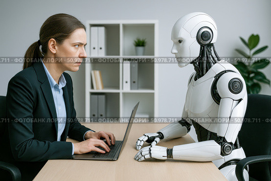 Businesswoman facing artificial intelligence robot competitor, digital transformation, office rivalry, future of jobs, technology disruption. Стоковое AI-изображение, AI-художник Павел Муравьев / Фотобанк Лори