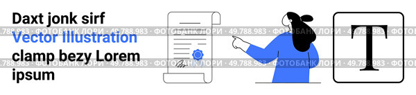 Businesswoman pointing at a document with a seal and text block. Ideal for legal services, document signing guides, educational materials, certification, professional presentations, software UI/UX. Businesswoman Pointing at Document with Seal and Text Block. Стоковая иллюстрация, агентство Ingram Publishing / Фотобанк Лори