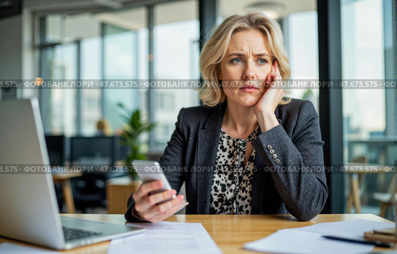 Businesswoman sitting in modern office holding phone looking worried during workday facing unexpected problem thinking about difficult decision while checking messages. Стоковое AI-изображение, AI-художник Павел Муравьев / Фотобанк Лори