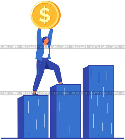 Businesswoman with coin in hands standing on bar chart. Goals and objectives, business grow and plan concept. Woman planning business strategy for success, leadership. Lady goes to top, goal. Businesswoman with coin in hands standing on bar chart. Lady goes to top, goal, business success. Стоковая иллюстрация, агентство Ingram Publishing / Фотобанк Лори