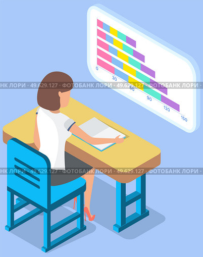 Businesswoman working at desk analyzing financial statistics. Female professional marketer studies information about metrics. Girl student sits with sheet of paper and writes data. Business analysis. Businesswoman working at desk analyzing financial statistics. Girl student writes data in notebook. Стоковая иллюстрация, агентство Ingram Publishing / Фотобанк Лори