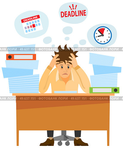 Busy businessman stressed due to paperwork. Male employee performs work with documents to deal with deadlines. Tired man sitting at workplace and looking at large amount of paper sheets on table. Busy businessman stressed due to paperwork and deadline. Tired man with documents at workplace. Стоковая иллюстрация, агентство Ingram Publishing / Фотобанк Лори