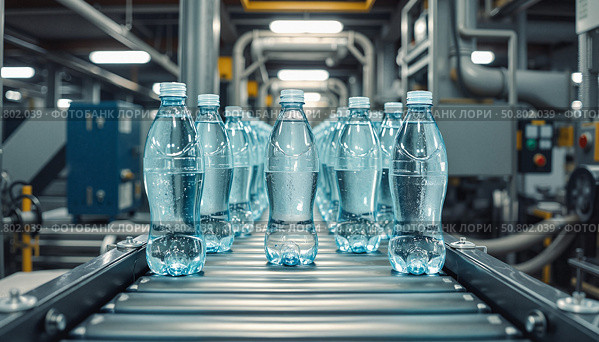 Бутылки с водой на производственном конвейере на фабрике, иллюстрирующие концепции производства и гидратации. Стоковое AI-изображение, AI-художник Елена Болотина / Фотобанк Лори