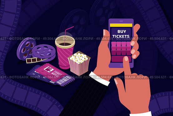 Buying cinema tickets online isometric composition with holding smartphone hand popcorn movie film bobbins background vector illustration. Стоковая иллюстрация, агентство Ingram Publishing / Фотобанк Лори