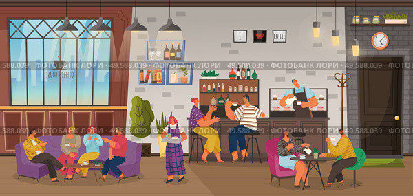 Cafe with lots of customers and visitors. Barista making coffee for clients. Couple talking by counter. Friends sitting on comfy couch playing games and drinking beverages. Vector in flat style. Coffeehouse Crowded with Clients, Cafe Interior. Стоковая иллюстрация, агентство Ingram Publishing / Фотобанк Лори