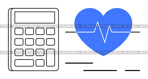 Calculator next to a blue heart with a heartbeat line. Ideal for health finance, budgeting, medical costs, financial planning, healthcare management, wellness programs, and cost estimation. Banner. Calculator Icon with Blue Heart and Heartbeat Line Symbolizing Health and Financial Calculation. Стоковая иллюстрация, агентство Ingram Publishing / Фотобанк Лори