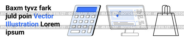 Calculator with blue screen, computer monitor showing data, and shopping bag represent online commerce. Ideal for e-commerce, online shopping, financial planning, data analysis, digital marketing. Online Shopping Concept with Calculator, Computer Screen, and Shopping Bag Icons. Стоковая иллюстрация, агентство Ingram Publishing / Фотобанк Лори