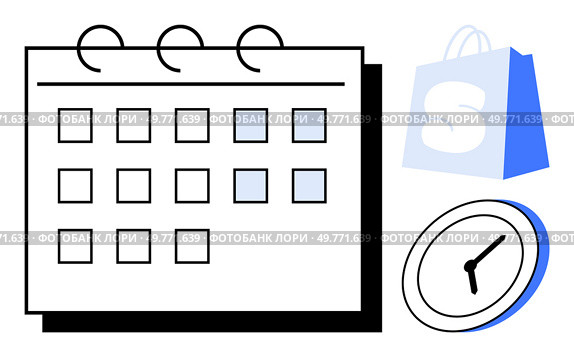 Calendar page with dates marked, clock pointing to a specific time and shopping bag icon Ideal for time management scheduling planning e-commerce appointments retail business Simple modern design. Calendar with Shopping Bag and Clock Representing Scheduling and Time Management. Стоковая иллюстрация, агентство Ingram Publishing / Фотобанк Лори