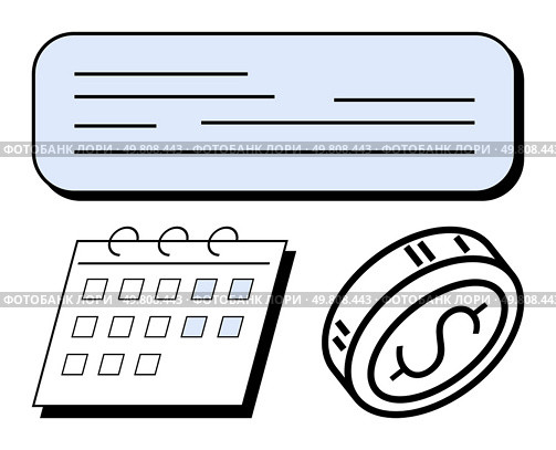 Calendar with marked dates, dollar coin symbolizing money, and a text box for notes. Ideal for budgeting, financial planning, scheduling, reminders, goal setting business strategy. Line metaphor. Financial Planning with Calendar, Dollar Coin, and Text Box for Notes and Calculations. Стоковая иллюстрация, агентство Ingram Publishing / Фотобанк Лори