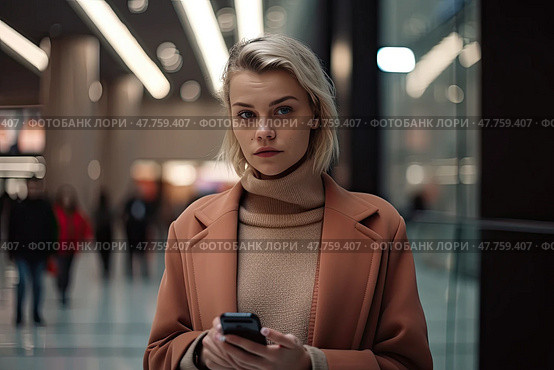 Calm and restrained portrait of a blonde girl in a coat who casually communicates with her smartphone while shopping in an ultramodern shopping mall. Стоковое AI-изображение, AI-художник Данила Большаков / Фотобанк Лори