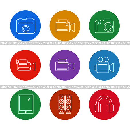 Camera ,  recorder , capture , click , photography , photograph , image , tv , video , microphone , speaker , icon, vector, design,  flat,  collection, style, creative,  icons. Стоковая иллюстрация, агентство Ingram Publishing / Фотобанк Лори