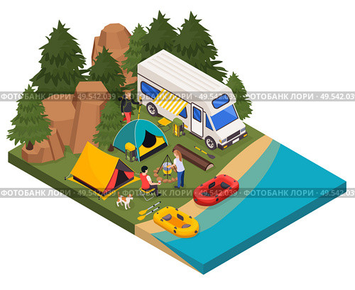 Camping hiking touristic isometric composition with outdoor view of camper van tents and people making campfire vector illustration. Стоковая иллюстрация, агентство Ingram Publishing / Фотобанк Лори
