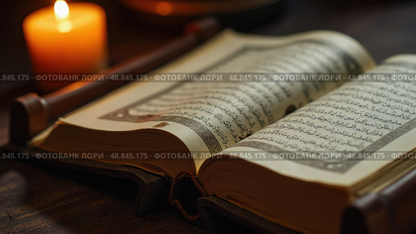 Candlelit Qur'an on a Wooden Stand, Open on Sacrifice, Facing the Camera; a Blend of Education, Spirituality, and Candle Shops. Стоковое AI-изображение, AI-художник Sergey Grishin / Фотобанк Лори
