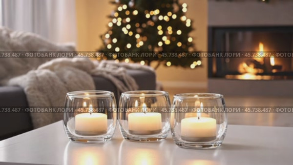 Candles and Soft Textile. Cozy Living Room Details. Flickering burning candle glasses, plush knit blanket. Atmosphere of serenity and comfort. Gray and brown color scheme. Modern boho house interior. Стоковое AI-видео, аниматор Марина Демидюк / Фотобанк Лори