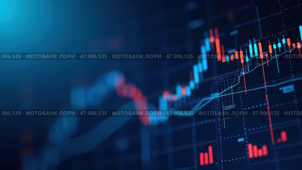 Candlestick Chart With Binary Data on a Dark Blue Background, Perfect for Trading Platforms and Market Analysis. Стоковое AI-изображение, AI-художник Sergey Grishin / Фотобанк Лори