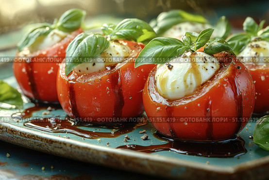 Caprese salad with ripe tomatoes, fresh mozzarella, and basil leaves drizzled with balsamic glaze on a rustic plate. Italian cuisine and gastronomic tour concept. Culinary video blog. Стоковое AI-изображение, AI-художник Ирина Михайличенко / Фотобанк Лори