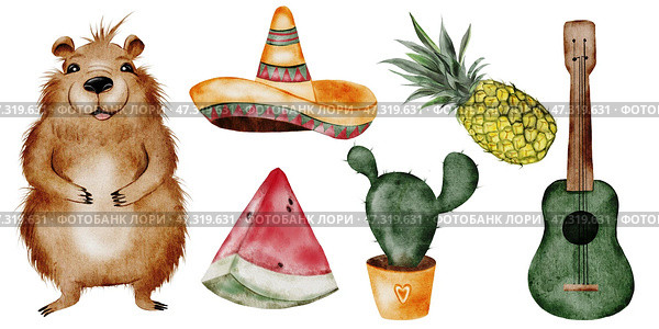 Capybara watercolor set. A funny cartoon animal, mexican sombrero hat, watermelon and cactus. Cute water pig hand drawing on isolated white background. Clip art of a friendly guinea pig. Ideal for stickers, posters and cards. Стоковая иллюстрация, иллюстратор Татьяна Трущелева / Фотобанк Лори
