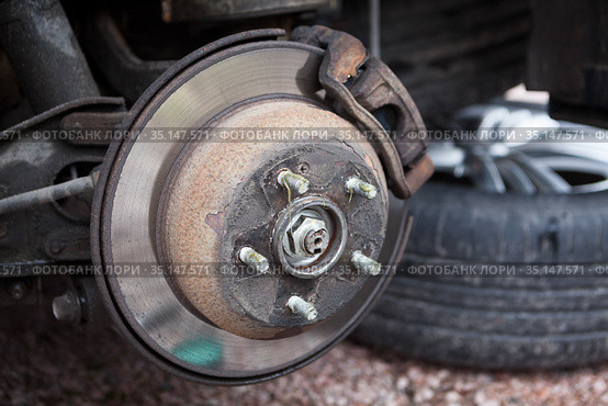 Car brake disk with removed wheel, inspection or changing to studded snow tyres. Стоковое фото, фотограф Кекяляйнен Андрей / Фотобанк Лори