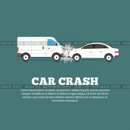 Car crash accident poster with two damaged autos flat vector illustration. Car Crash Poster. Стоковая иллюстрация, агентство Ingram Publishing / Фотобанк Лори