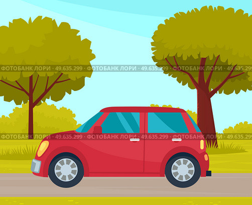 Car drive on an asphalt road in countryside against green forest with large trees. Country road summertime flat vector illustration. Car tourism, family auto trip, journey, automobile transport. Car drive on asphalt road in countryside against green forest with large trees. Car tourism, journey. Стоковая иллюстрация, агентство Ingram Publishing / Фотобанк Лори