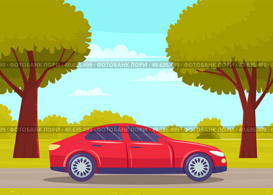 Car drive on an asphalt road in countryside against green forest with large trees. Country road summertime flat vector illustration. Car tourism, family auto trip, journey, automobile transport. Car drive on asphalt road in countryside against green forest with large trees. Car tourism, journey. Стоковая иллюстрация, агентство Ingram Publishing / Фотобанк Лори
