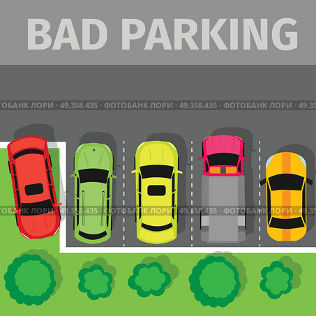 Car Parked in Inappropriate Way on Lawn Pavement. Bad parking set. Car parked inappropriate way on lawn pavement, sidewalk, pedestrian crossing. Driver annoying everyone. Parking zone banner. Rude disrespectful driver on parking or car park. Vector. Стоковая иллюстрация, агентство Ingram Publishing / Фотобанк Лори
