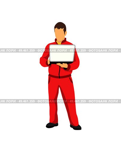 Car repair service worker in red sportswear with laptop. Accountant counts price for repairment work on computer to give check vector illustration.. Car Repair Service Worker in Sportwear with Laptop. Стоковая иллюстрация, агентство Ingram Publishing / Фотобанк Лори