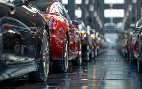 Car showroom with a magnificent view of the cars for sale. car dealer with many cars indoors. Стоковое AI-изображение, AI-художник Терехова Марина / Фотобанк Лори