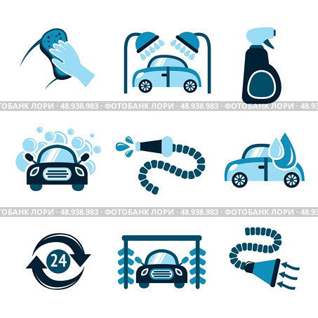 Car wash auto cleaner 24h service isolated icons vector illustration. Стоковая иллюстрация, агентство Ingram Publishing / Фотобанк Лори