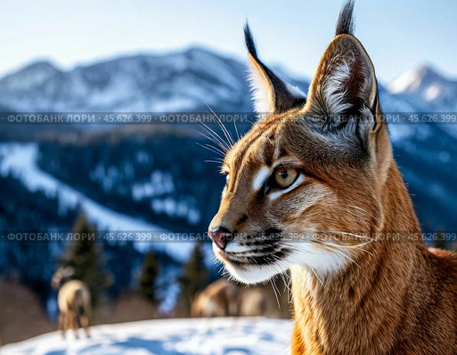 Caracal, or steppe lynx (Caracal caracal, from Turkic "black ear") is a tall and slender predator with long limbs, sandy or reddish-brown fur, large ears with black coloring and characteristic tassels of hair at the ends. Стоковое AI-изображение, AI-художник Сергей Елизарьев / Фотобанк Лори