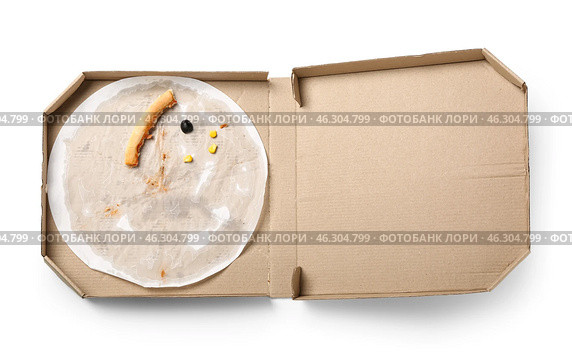 Cardboard box with pizza leftovers on white background. Стоковое фото, фотограф Pixel_shot / Фотобанк Лори