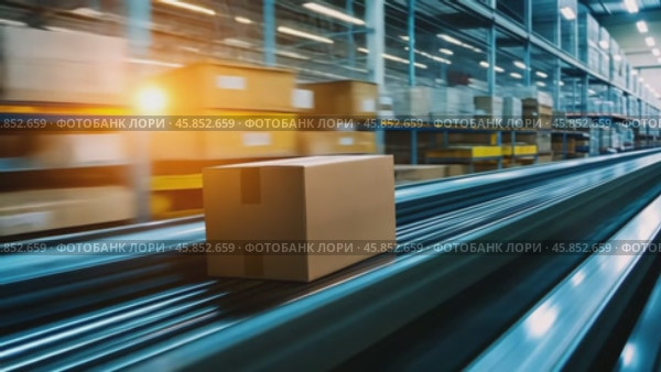 Cardboard boxes speeding on a conveyor belt in a bustling warehouse. Packages Move on a Conveyor Belt. Logistics and transportation background. Product distribution center. Moving image. Export, cargo. Стоковое AI-видео, аниматор Марина Демидюк / Фотобанк Лори