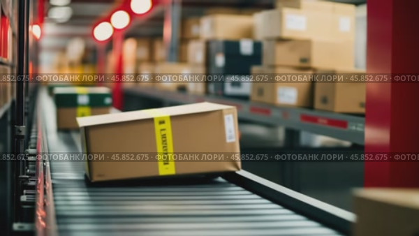 Cardboard boxes speeding on a conveyor belt in a bustling warehouse. Packages Move on a Conveyor Belt. Logistics and transportation background. Product distribution center. Moving image. Export, cargo. Стоковое AI-видео, аниматор Марина Демидюк / Фотобанк Лори